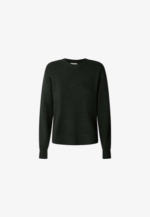 Maglione grigio scuro realizzato in morbido knit. Presenta un collo rotondo e maniche lunghe con polsini e orlo a coste. Design semplice, senza pattern.