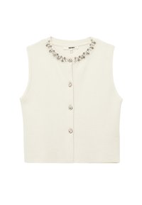 Crèmekleurig mouwloos topje met een ronde hals, versierd met een decoratieve kristallen halslijn en knoopsluitingen aan de voorkant. Zachte gebreide textuur.
