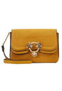 Borsa a tracolla in suede giallo e pelle testurizzata con tracolla a catena, caratterizzata da una chiusura circolare decorata con dettagli a forma di testa di leopardo.