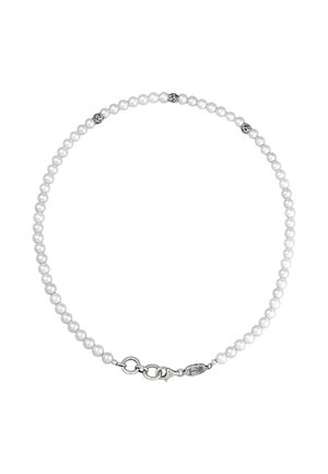 White pearl necklace featuring evenly spaced pearls with silver decorative accents and a lobster clasp closure. Smooth, shiny texture.