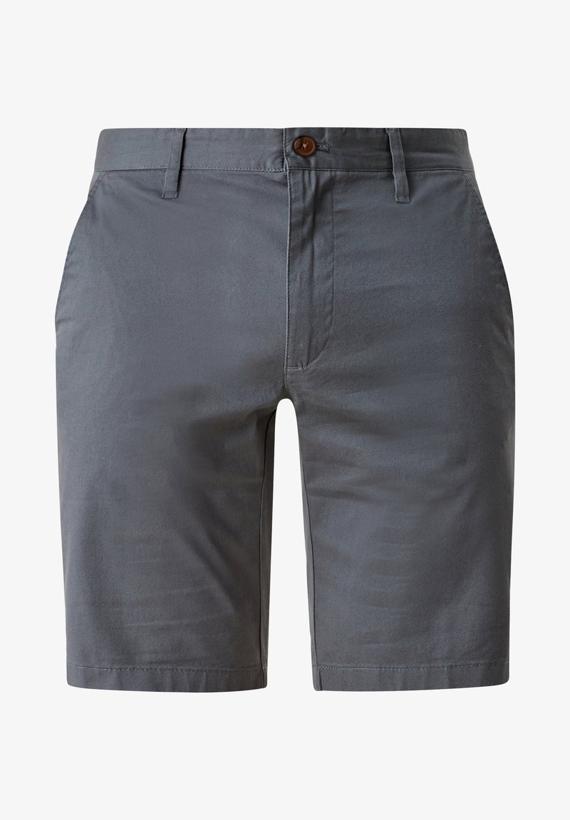 Shorts gris en mélange de coton avec fermeture à bouton, poches avant, coupe cintrée et texture lisse.