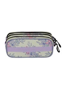 Trousse à crayons florale avec trois compartiments zippés. Fond clair avec des fleurs violettes et roses. Comprend un bandeau lavande et des zips noirs.