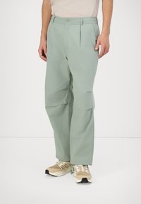 Lichtgroene, wijde pantalon met een knoopsluiting, voorplooien en zijzakken, gemaakt van een zachte stof met een casual ontwerp.