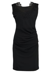 Robe noire sans manches, avec un col en dentelle et une texture froncée. Confectionnée en tissu doux, elle présente une silhouette ajustée.