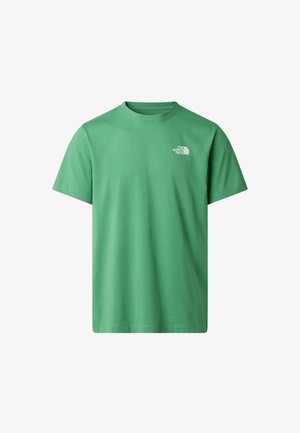 Maglietta verde in cotone con collo rotondo, maniche corte e logo bianco sul petto in alto a sinistra. Tessuto liscio, vestibilità casual.