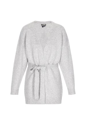 Cárdigan de punto gris claro con manga larga, escote en V y cinturón atado en la cintura, que cuenta con puños y dobladillo acanalados.