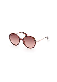 Ochelari de soare rotunzi cu ramă din model țestoasă, lentile roz cu gradient, accente metalice și brațe groase texturate.