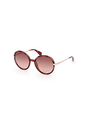 Lunettes de soleil rondes avec une monture en écaille de tortue, des verres dégradés rose, des accents en métal et des branches épaisses et texturées.