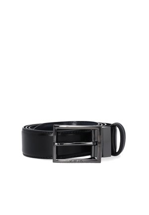 Black leather belt featuring a rectangular metal buckle with a shiny finish. The belt has a smooth texture and a classic design.