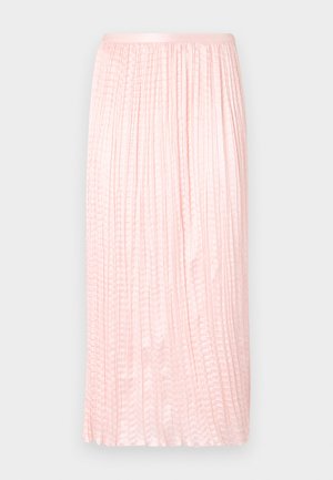 Pleated midi skirt in soft pink, featuring a smooth texture and an elastic waistband. Designed with vertical folds for a flowing appearance.