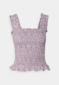 Fialový bezramínkový top s volánovými ramínky, smockovaným živůtkem a malým hnědým květinovým potiskem. Rozšířený lem s texturovaným povrchem.