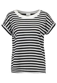 Černobílý pruhovaný tričko s kulatým výstřihem, krátkými ohrnutými rukávy a měkkou texturou látky. Obsahuje logo štítek na límci.