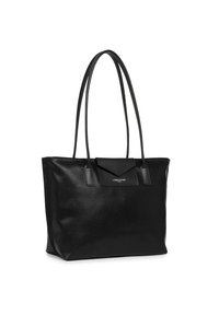 Black leather tote bag with two long handles, flat rectangular shape, a front flap detail, and subtle logo accent. Smooth texture.
