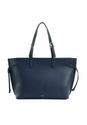 Sac cabas en cuir texturé bleu marine avec doubles poignées, cordons latéraux et petit logo doré « Furla » au centre de la base.