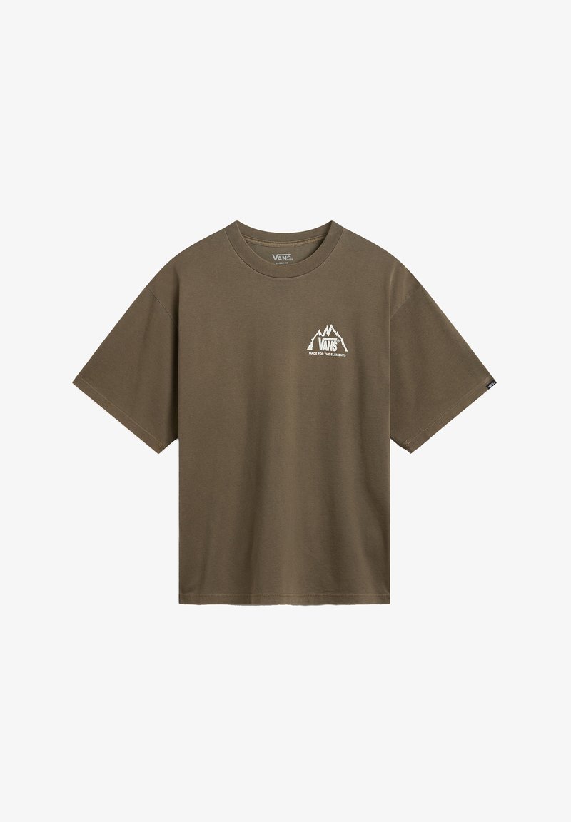 Camiseta de algodón verde oliva con cuello redondo, mangas cortas y un logotipo blanco de Vans con un gráfico de montaña en el lado izquierdo del pecho.