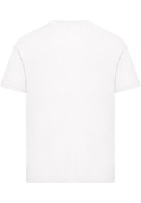 T-shirt bianco a maniche corte in cotone con scollo rotondo, caratterizzato da un design semplice e una vestibilità comoda. Nessun motivo o marchio visibile.
