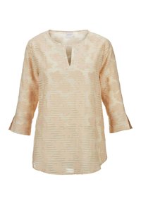 Hellbeige Tunika mit dreiviertel Ärmeln, ausgestattet mit einem V-Ausschnitt und einem strukturierten Blumenmuster, aus einem weichen, leichten Stoff gefertigt.