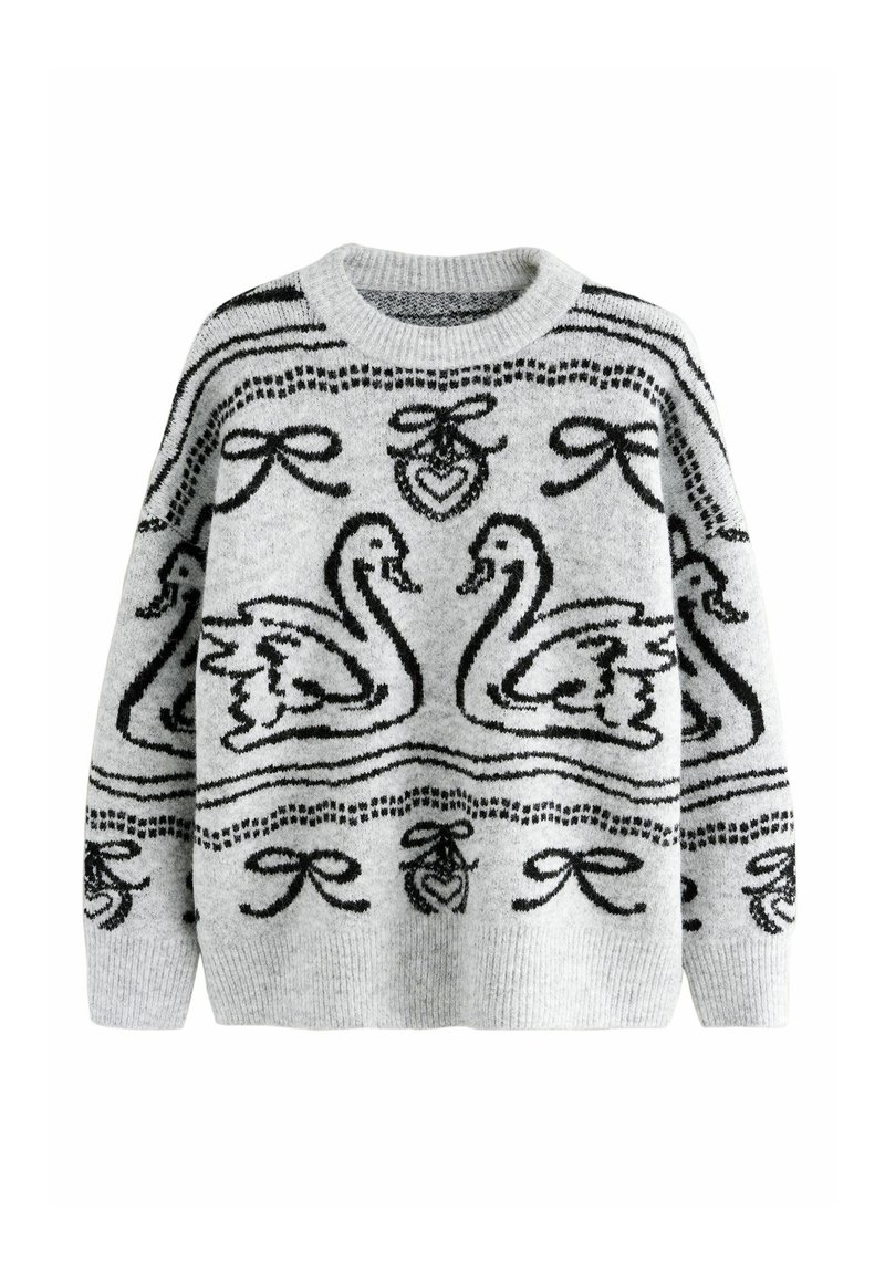 Maglione grigio lavorato a maglia con motivi di cigni neri e nastri, scollo arrotondato e polsini e orlo a costine. Texture morbida.