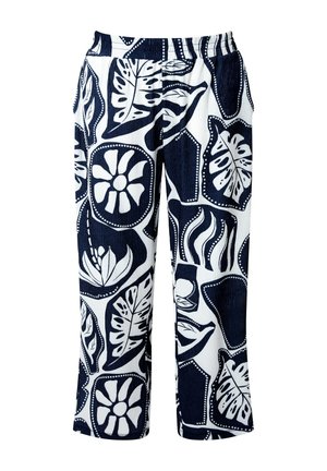 Marineblå og hvide bukser med vide ben og elastik i taljen, prydet med dristige botaniske og blomsterprints i store abstrakte former.