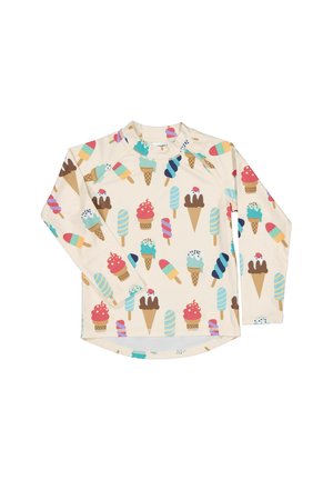 Langærmet cremefarvet skjorte med mønster af farverige isvafler og ispinde jævnt fordelt over stoffet.
