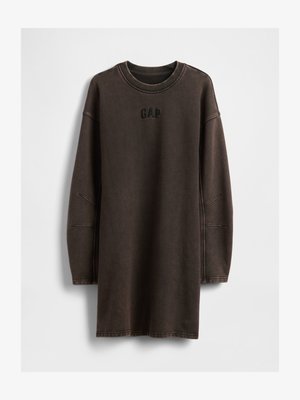 Brown cotton dress with long sleeves and a crew neck. Features embroidered "GAP" logo in black on the chest. Casual design with side seam accents.