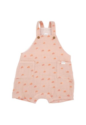 Pink overalls made of soft fabric, featuring an all-over rainbow pattern in orange and purple, with two front pockets and button accents.