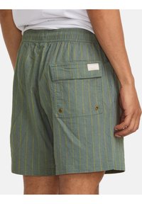 Shorts rayés verts avec une coupe ample, une taille élastique et une poche arrière dotée d'une fermeture à bouton et d'une étiquette de marque.