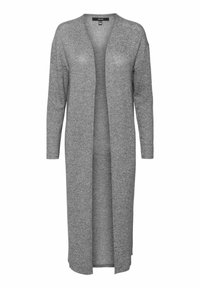 Grå lång cardigan med öppen front, långa ärmar och mjukt tyg. Har en slät textur och en avslappnad, flödande silhuett.