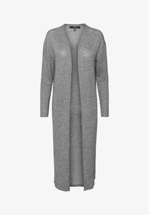 Cárdigan gris largo con frente abierto, mangas largas y tejido suave. Presenta una textura lisa y una silueta relajada y fluida.