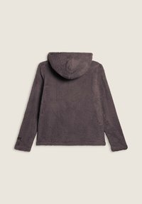 Giacca felpata grigia con cappuccio, realizzata in materiale morbido e testurizzato. Presenta maniche lunghe e un orlo dritto in basso. Logo visibile sulla manica.