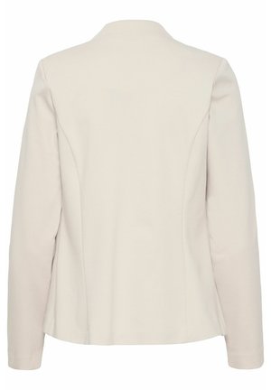 Hellbeige maßgeschneiderte Jacke, leicht strukturiert mit einem Reverskragen, langen Ärmeln und glatter Stofftextur. Rückansicht, keine sichtbaren Verschlüsse.