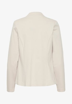 Lichtbeige op maat gemaakte jas, licht gestructureerd met een reverskraag, lange mouwen en een gladde stofstructuur. Achteraanzicht, zonder zichtbare sluitingen.