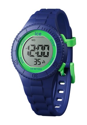 Montre numérique avec un bracelet en silicone bleu et une lunette ronde verte. Dispose d'un affichage numérique, de boutons pour les fonctions et d'une étanchéité jusqu'à 100 mètres.