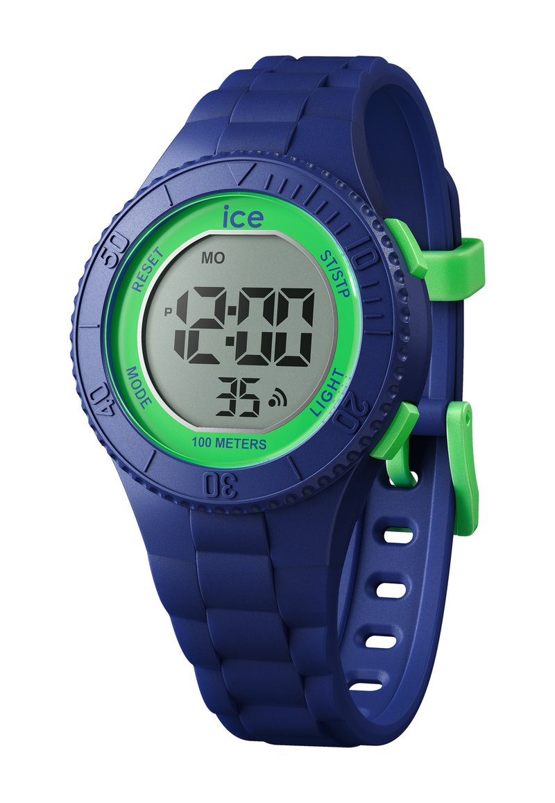 Orologio digitale con cinturino in silicone blu e ghiera rotonda verde. Presenta un display digitale, pulsanti per le funzioni e resistenza all'acqua fino a 100 metri.