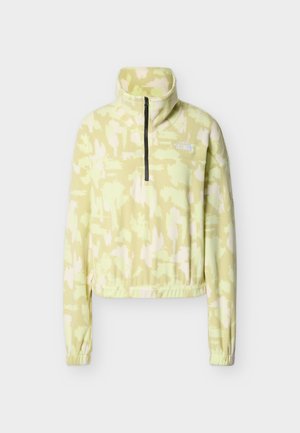 Lichtgele fleece pullover met een halve ritskraag, met abstracte groene en witte patronen, elastische manchetten en een cropped ontwerp.