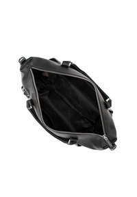 Schwarze Lederhandtasche mit Reißverschluss und einem Innenfutter aus glattem schwarzem Stoff. Die Außenseite weist minimale Beschläge auf.