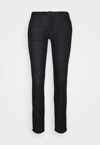 Zwarte spijkerbroek van denim met een rechte pijp, vijf zakken en een klassieke knoopsluiting. Soepele stof en subtiele vervagingseffecten.