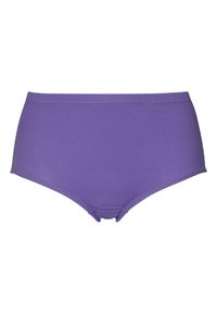 Paarse high-waisted slip gemaakt van ribbelstof. Heeft een elastische tailleband en gladde randen; geen zichtbare patronen of hardware.