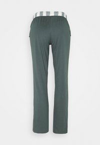 Grüne, weit geschnittene Hosen aus weichem Stoff, mit einem gestreiften Bund und seitlichen Taschen. Glatte Textur, lässiger Schnitt und knöchellanges Design.