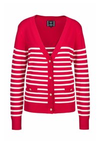 Roter Cardigan mit weißen horizontalen Streifen. Verfügt über einen tiefen V-Ausschnitt, Knöpfe und zwei Fronttaschen. Glatte Textur mit gerippten Bündchen.