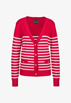 Rode cardigan met witte horizontale strepen. Heeft een diepe V-hals, knoopsluiting en twee voorzakken. Glad materiaal met ribgebreide manchetten.