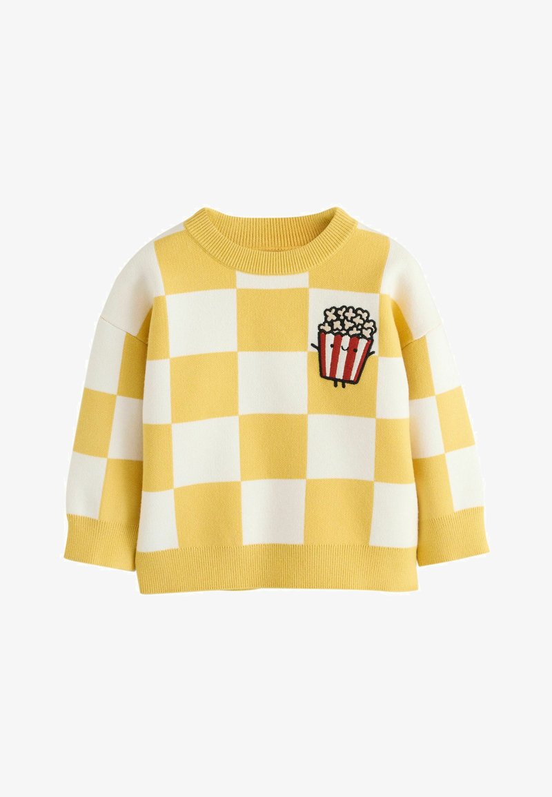 Jersey de manga larga a cuadros amarillos y blancos con un parche de cubo de palomitas en el pecho izquierdo, cuello, puños y dobladillo acanalados.