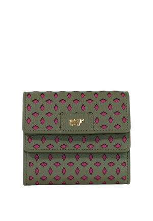 Portafoglio verde con ritagli rosa a forma di diamante e un piccolo emblema animale dorato sulla patta frontale, di forma rettangolare e compatta.