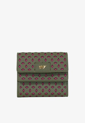 Portefeuille vert avec des découpes en forme de losange rose et un petit emblème animal doré sur le rabat avant, de forme rectangulaire et compacte.