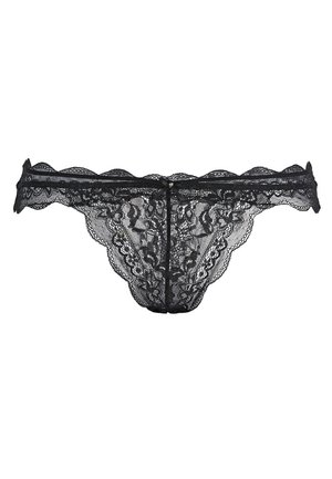 Schwarzer Spitzen-Thong mit gewellten Kanten, floralen Mustern und einer halbtransparenten Textur. Entworfen mit minimaler Bedeckung und zarten Details.