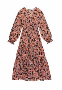 Vestido negro de manga larga con un intrincado patrón paisley en naranja y rosa. Diseño fluido con cintura fruncida y falda en capas.