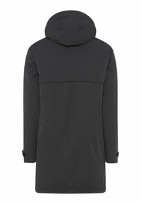 Cappotto invernale lungo nero con cappuccio, dotato di cinturini regolabili per i polsi, visto da dietro su sfondo bianco.