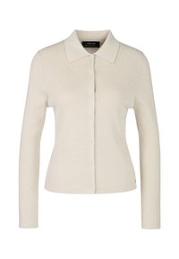 Beige gerippter Cardigan mit langen Ärmeln, einem Kragen und einer Knopfleiste. Vorteilhaft ist der schlichte, strukturierte Stoff und das kleine Logodetail.