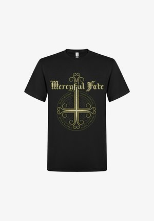 Sort bomuld T-shirt med et guldgrafisk design med teksten "Mercyful Fate" og cirkulære mønstre, centreret på forsiden.
