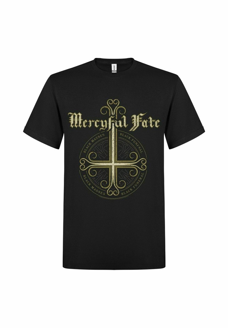 Svart bomulls-t-shirt med en guldfärgad grafisk design med texten "Mercyful Fate" och cirkulära mönster, placerad mitt på framsidan.